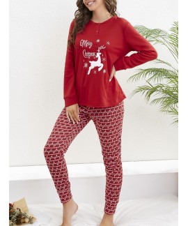 Long Sleeve Crew Neck Christmas Elk Print Women Pajama Set