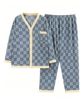 Women's Colorblock Geometric Print Long Sleeve Plus Size Casual Pajama Set