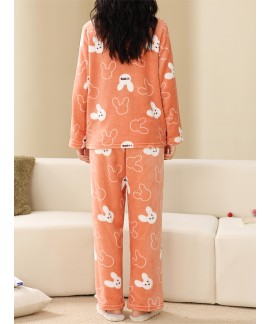 Long Sleeve Crew Neck Cartoon Bunny Print women Pajama Set