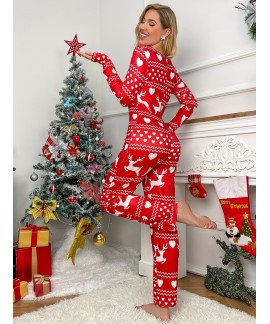 Casual V Neck Long Sleeve Christmas Deer Print Pajama Set