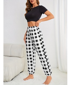 Short Sleeve Crew Neck Plaid Print Ladies Pajama Set