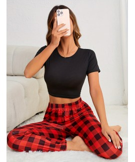 Short Sleeve Crew Neck Plaid Print Ladies Pajama Set