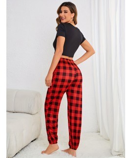 Short Sleeve Crew Neck Plaid Print Ladies Pajama Set