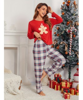 Long Sleeve Crew Neck Christmas Print ladies Pajama Set