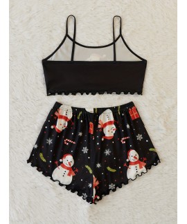 Crew Neck Cami Christmas Snowman Print women Pajama Set