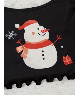 Crew Neck Cami Christmas Snowman Print women Pajama Set