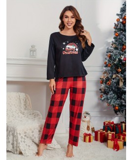 Long Sleeve Crew Neck Christmas Pattern Print women Pajama Set