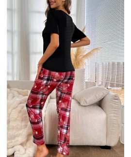 Short Sleeve Crew Neck Cartoon Bear Print ladies Pajama Set