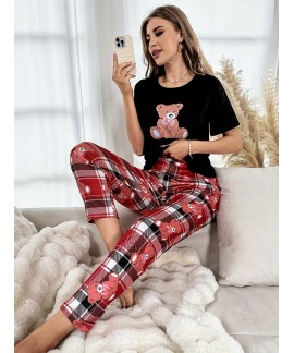 Short Sleeve Crew Neck Cartoon Bear Print ladies Pajama Set