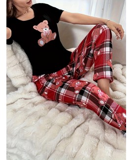 Short Sleeve Crew Neck Cartoon Bear Print ladies Pajama Set