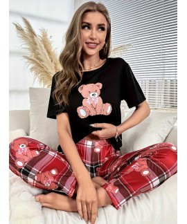 Short Sleeve Crew Neck Cartoon Bear Print ladies Pajama Set