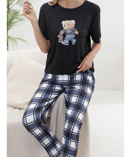 Short Sleeve Crew Neck Cartoon Bear Print women Pajama Set