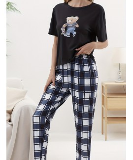 Short Sleeve Crew Neck Cartoon Bear Print women Pajama Set