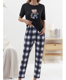 Short Sleeve Crew Neck Cartoon Bear Print women Pajama Set