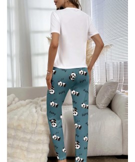 Short Sleeve Crew Neck Cartoon Panda Print women Pajama Set