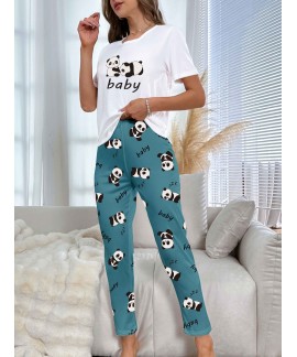 Short Sleeve Crew Neck Cartoon Panda Print women Pajama Set