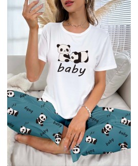 Short Sleeve Crew Neck Cartoon Panda Print women Pajama Set