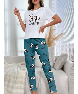 Short Sleeve Crew Neck Cartoon Panda Print women Pajama Set