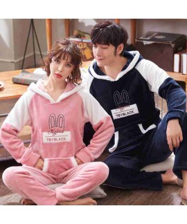 Coral fleece with hat thickened couple flannel paj...