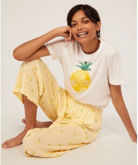 Plus Size Cotton Loose Cute Pineapple Pattern Short Sleeve Trousers Ladies Pajamas Suit