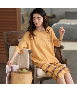 Cotton Short Sleeve Cropped Pants Cartoon Cute Large Size Thin Ladies Pajamas Set For Summer