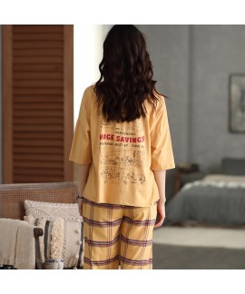 Cotton Short Sleeve Cropped Pants Cartoon Cute Large Size Thin Ladies Pajamas Set For Summer