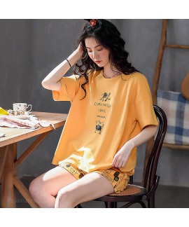 Cotton Short Sleeve Shorts Cute Loose Large Size Ladies Pajamas Set For Summer