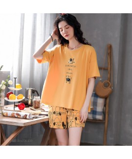 Cotton Short Sleeve Shorts Cute Loose Large Size Ladies Pajamas Set For Summer