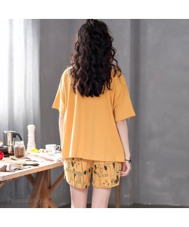 Cotton Short Sleeve Shorts Cute Loose Large Size Ladies Pajamas Set For Summer