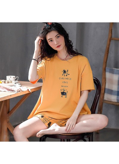 Cotton Short Sleeve Shorts Cute Loose Large Size Ladies Pajamas Set For Summer