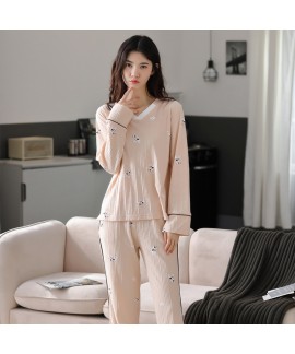 Pure Cotton Cute Long-sleeved Casual V-neck Ladies Pajamas Suit