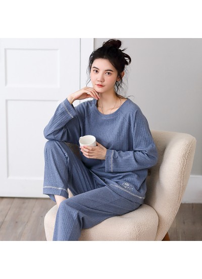 Pure Cotton Blue Long Sleeve Trousers Loose Ladies Pajamas Set Fall Winter