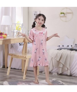 New children's cotton lapel short-sleeved rabbit print summer nightdress Wholesale and Retail