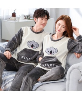 Korean Thickened flannel cartoon coral fleece warm mens ladies couple pajamas suit