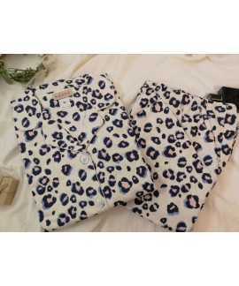 Pure Cotton Flannel Brushed Blue Panda Leopard Print Flannel Pajamas Dog Print Homewear Ladies Suits