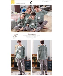 Parent-child long-sleeved thick coral fleece a family of three pajamas set