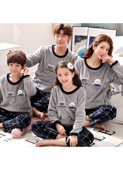 Parent-child long-sleeved thick coral fleece a family of three pajamas set