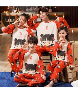 Parent-child cotton cute cartoon family of three or four boys and girls long sleeve suit home service