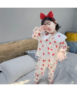 Embroidered Cherry Lapel Pajama Set For Girls