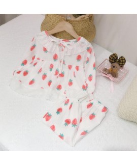 Cotton Girls Lace Strawberry Pattern Pajamas Set