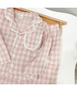 Plaid Cotton Long Sleeve Children's Pajamas Suit For Spring And Autumn