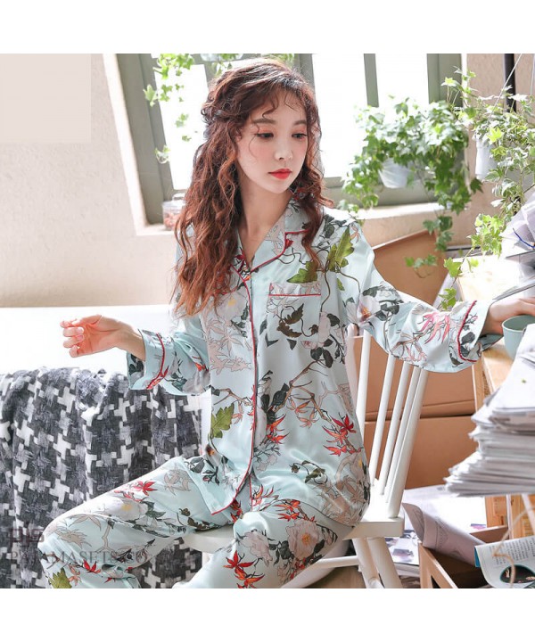 Long Sleeved Fashion Printed Silky Nightwear For Women Large Size