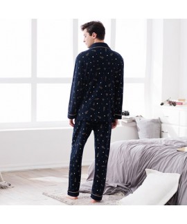 men's long sleeves cotton Pajamas knitted cotton leisure deep blue with space print