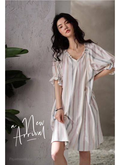 Women's Summer Stripe Strawberry Print Nightdress Pure Cotton Mid-length V-neck Sweet Casual Fashion Pajamas Wholesale