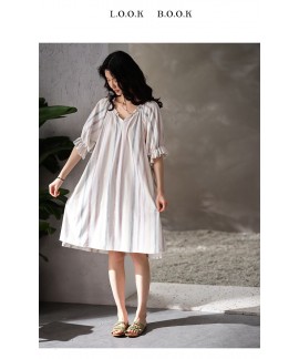 Women's Summer Stripe Strawberry Print Nightdress Pure Cotton Mid-length V-neck Sweet Casual Fashion Pajamas Wholesale