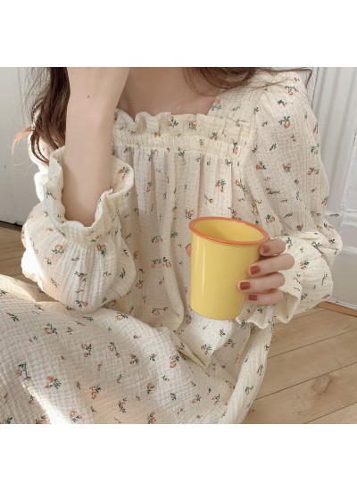 Korea ins print nightgown square neck cotton long-sleeved ladies pajama Wholesale and Retail