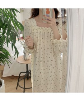 Korea ins print nightgown square neck cotton long-sleeved ladies pajama Wholesale and Retail