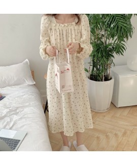 Korea ins print nightgown square neck cotton long-sleeved ladies pajama Wholesale and Retail