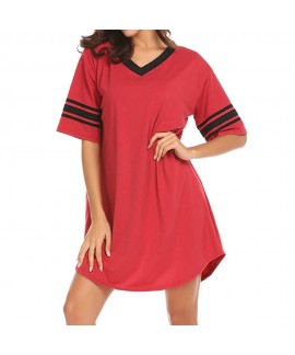 Amazon women's nightdress medium-sleeved V-neck splicing nightgown Wholesale and Retail