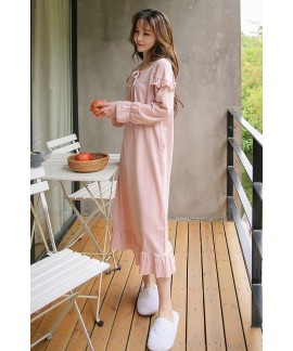 Pink Sweet Flounce Womens Cotton Nightdress Long Sleeve Spring Autumn Winter Sleepwear Casual Pullover Women Lace Nightwear Robe